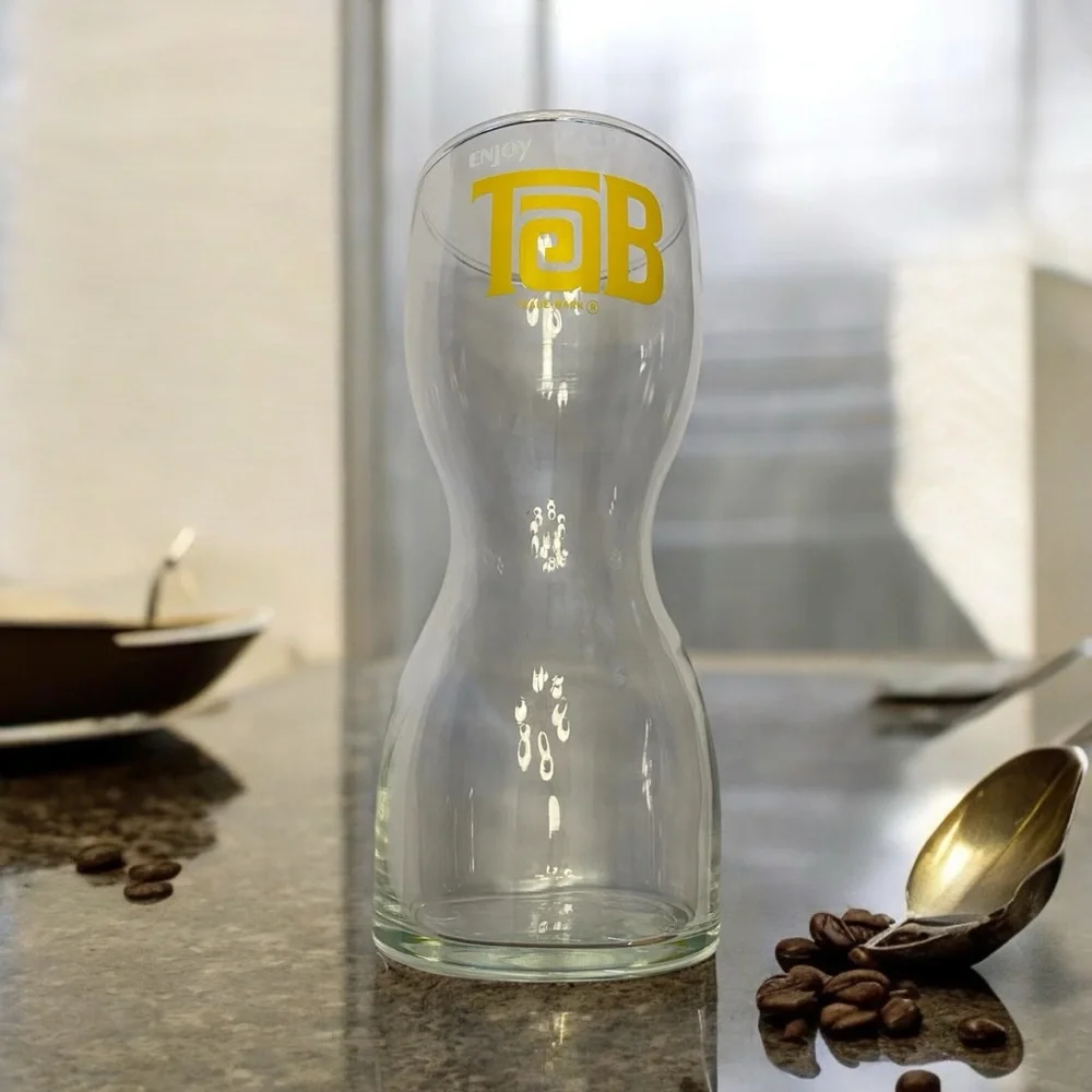 Vintage 70s TAB Soda Hourglass Glass Coca Cola Yellow Logo Retro Collect